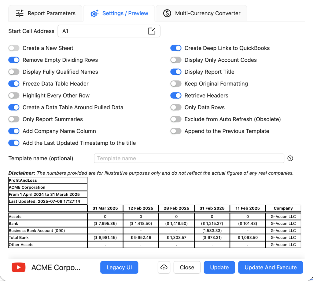 Settings and Preview panel
