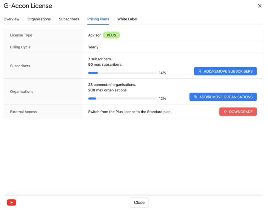 Change Plan dialog in G-Accon Buy/Manage License