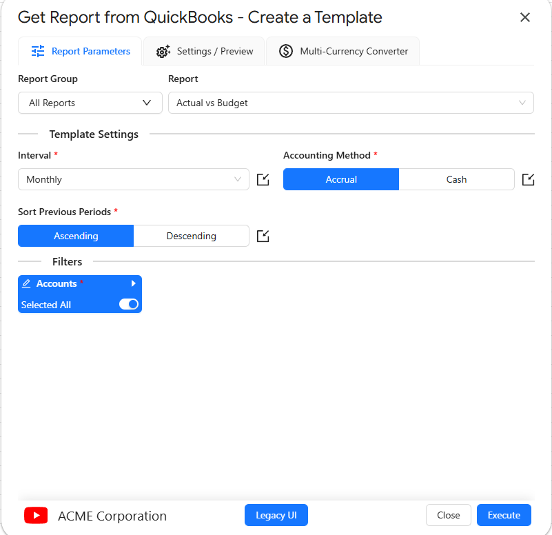 Get Report from QuickBooks Create a Template window for the Actual vs Budget report