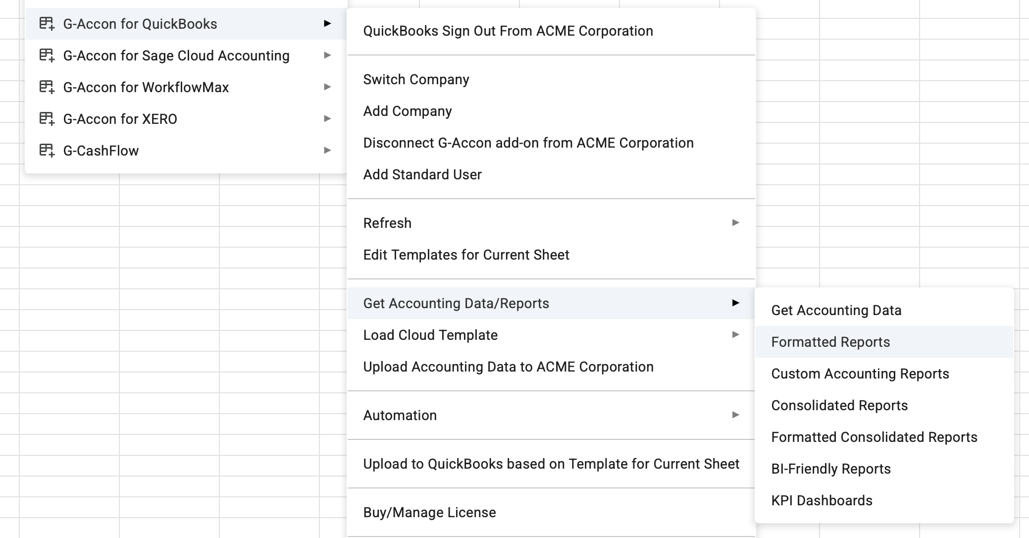 Navigate to Formatted Accounting Reports in G-Accon for QuickBooks