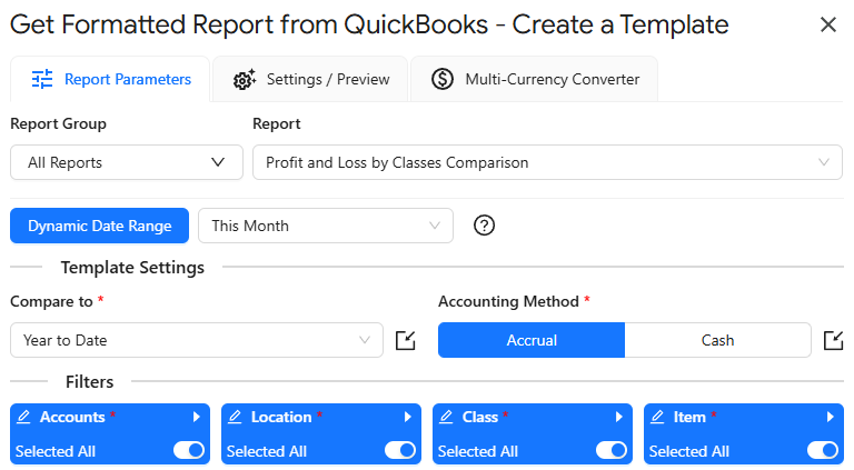 Get Report from QuickBooks - Create a Template window for the Profit and Loss By Classes Comparison report