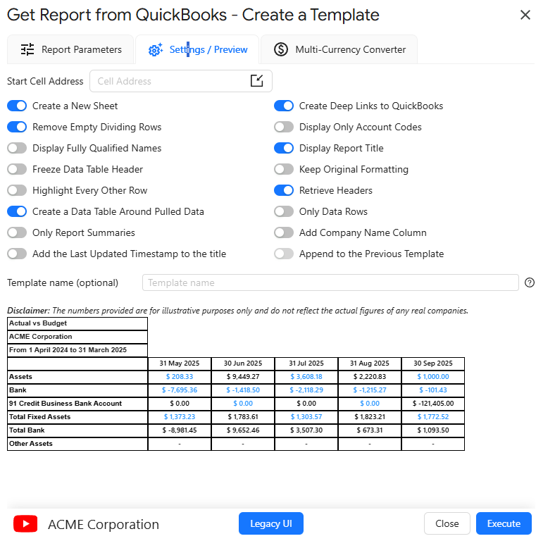 Settings and Preview tab showing optional formatting and output controls for the Actual vs Budget report