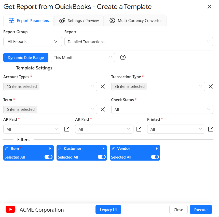 Detailed Transactions report designer showing available field selection settings