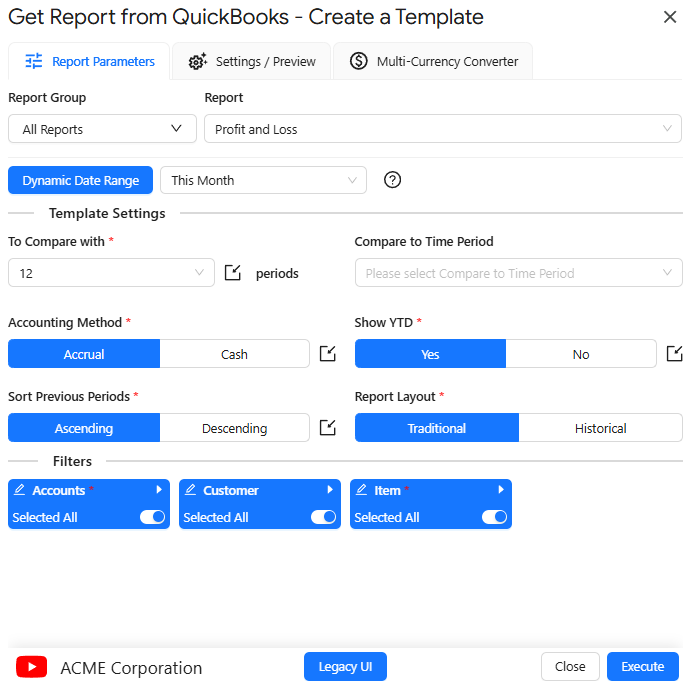 Create a Template window for configuring Profit and Loss report parameters in G-Accon for QuickBooks