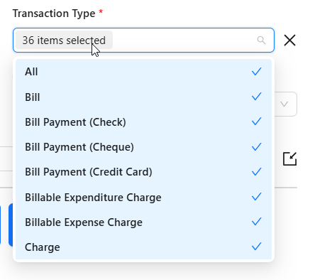 Transaction Type filter dropdown for the Detailed Transactions report